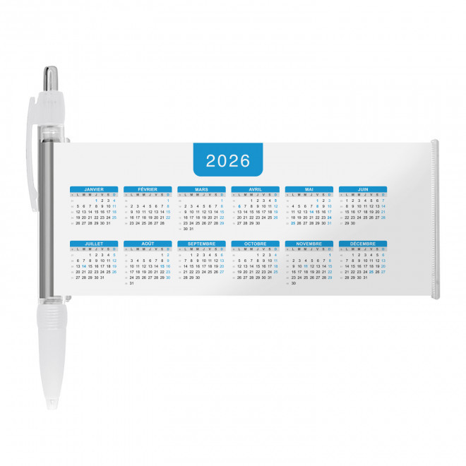 STYLO BANNIERE CALENDRIER PERSONNALISABLE 'SCROLL DATE' - blanc grille_bleue