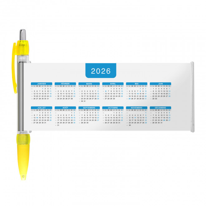 STYLO BANNIERE CALENDRIER PERSONNALISABLE 'SCROLL DATE' - jaune grille_bleue