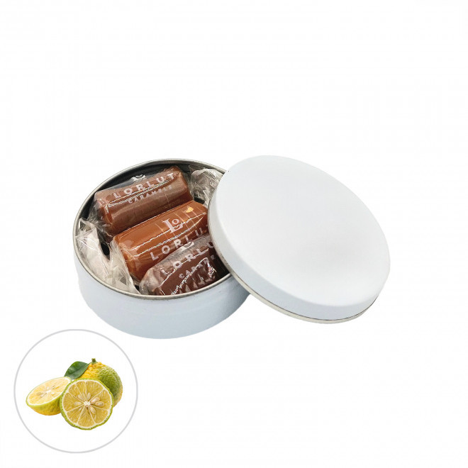 BOITE RONDE PERSONNALISABLE 3 CARAMELS LORLUT® 'GRANI' - yuzu - beurre salé