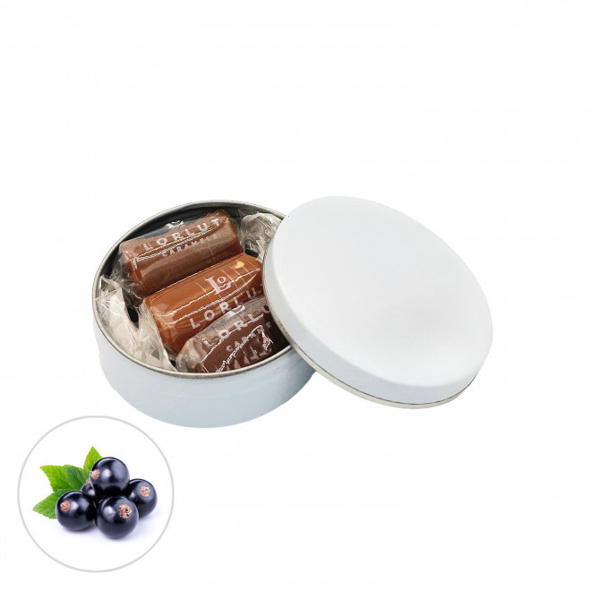 BOITE RONDE PERSONNALISABLE 3 CARAMELS LORLUT® 'GRANI' - feuille de cassis - chocolat