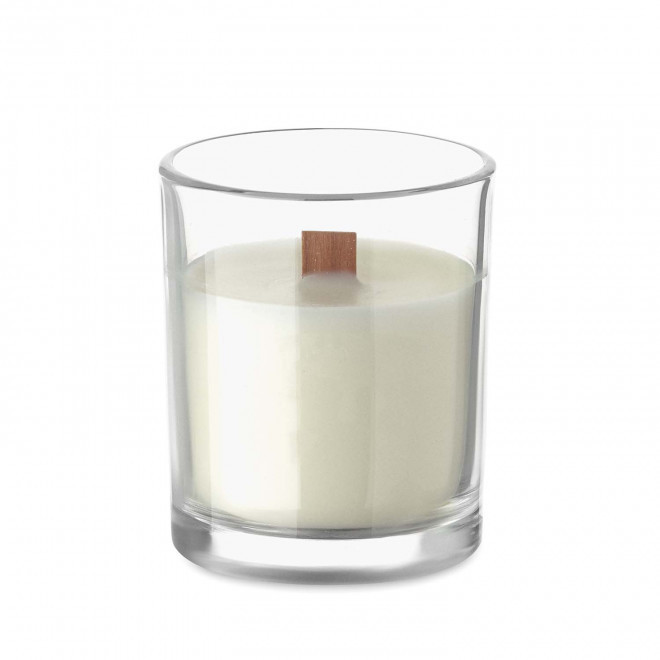 BOUGIE PARFUMEE MECHE BOIS PERSONNALISABLE 'BANILBO S' - transparent