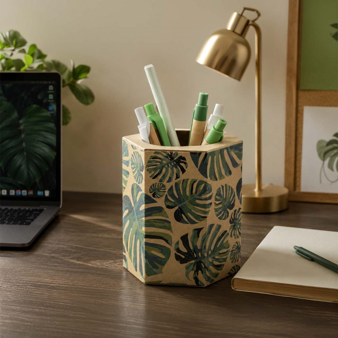 CALENDRIER POT À CRAYONS KRAFT HEXAGONAL PERSONNALISÉ 'ECOPOT DATE'