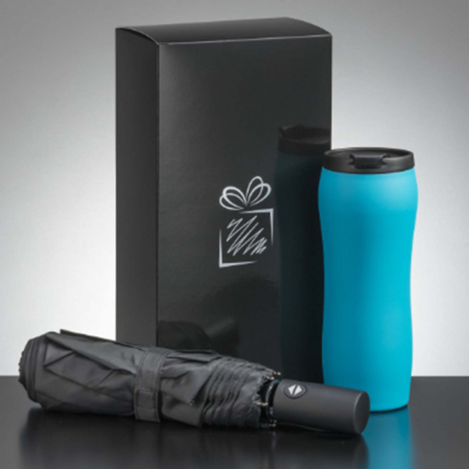 COFFRET PARAPLUIE ET MUG 400ML PERSONNALISABLE 'UMBRI' - turquoise
