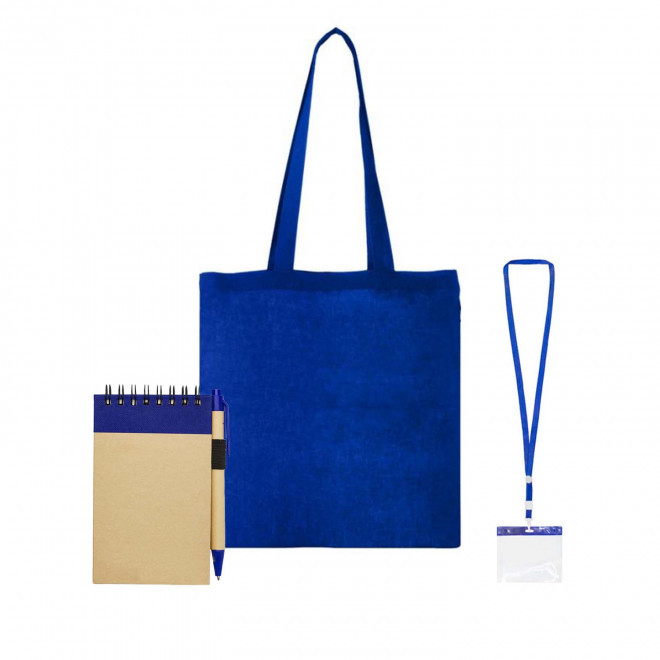 SET TOTE BAG BADGE ET BLOC NOTES PERSONNALISABLE 'FAIR' - bleu