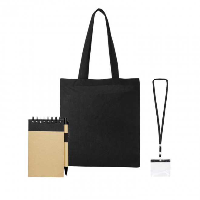 SET TOTE BAG BADGE ET BLOC NOTES PERSONNALISABLE 'FAIR' - noir
