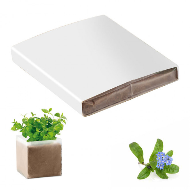 KIT PLANTATION PUBLICITAIRE SACHET PAPIER BLANC 'MUNDA QUADRI' - myosotis
