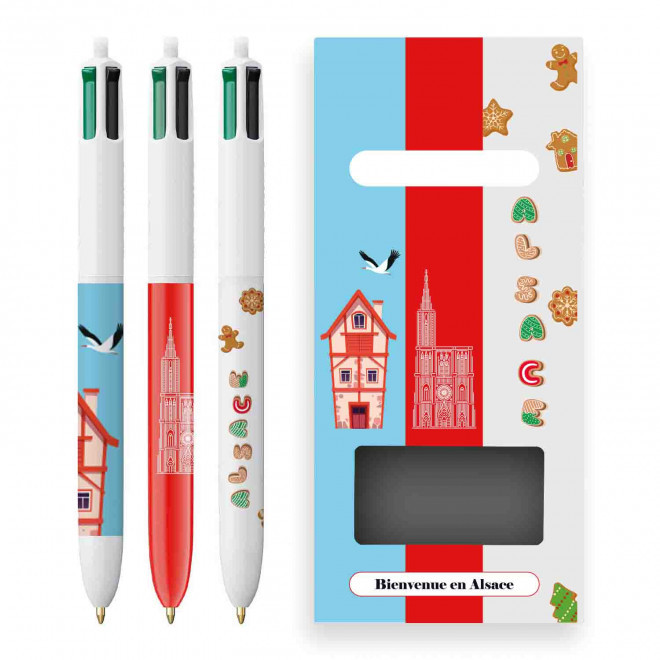 PACK 3 BIC 4 COULEURS PERSONNALISABLE 'ALSACE' - bleu/blanc/rouge