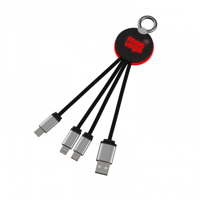 CABLE PERSONNALISABLE ECO 3EN1 LUMINEUX 'ANAT RING' - noir / rouge