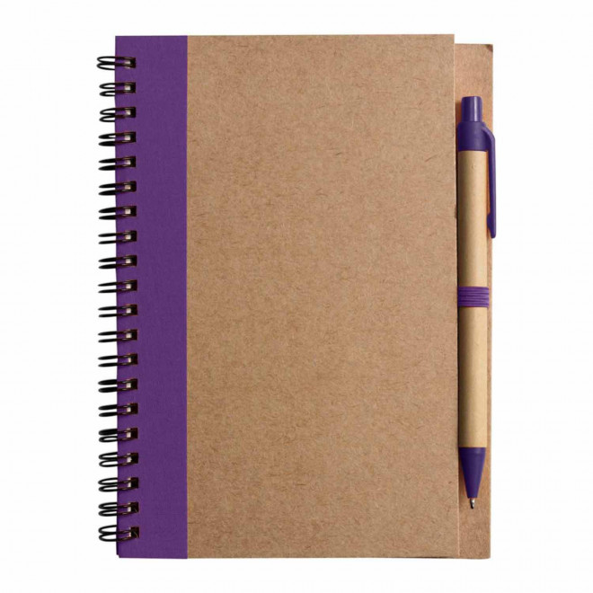 CARNET À SPIRALE PERSONNALISÉ LIGNÉ AVEC STYLO RECYCLÉS 'RAMSES' - violet