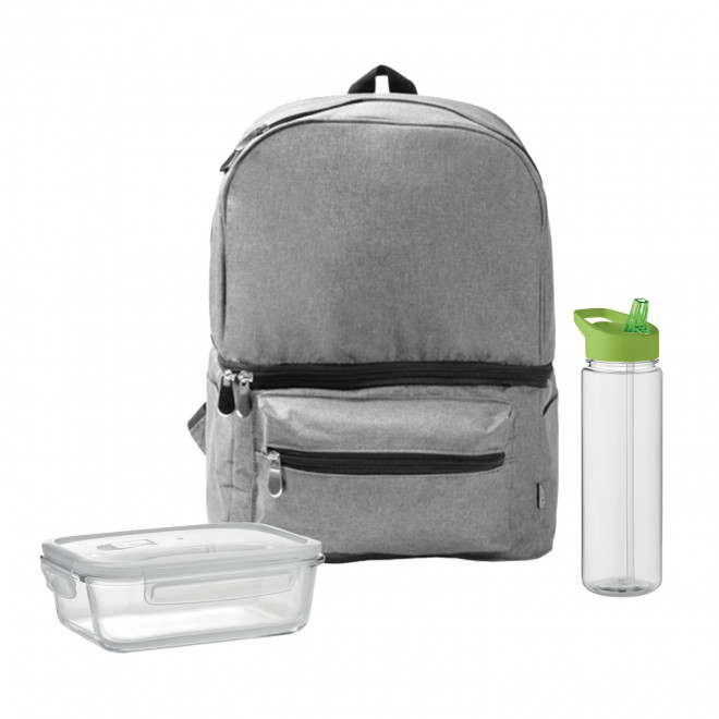SET LUNCHBOX PUBLICITAIRE SAC ET BOUTEIILE 'LUNCHRY' - gris/vert