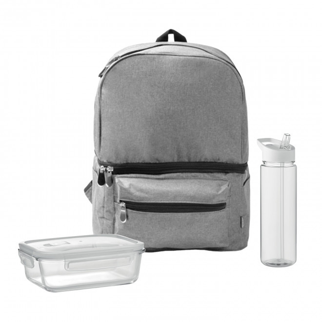 SET LUNCHBOX PUBLICITAIRE SAC ET BOUTEIILE 'LUNCHRY' - gris/blanc