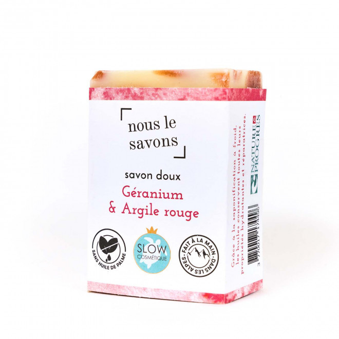 SAVON DOUX BIO 100G PERSONNALISE 'MOUSSING' - géranium et argile rouge