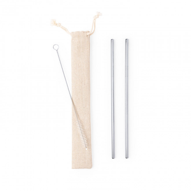 SET DE 2 PAILLES RÉUTILISABLES PUBLICITAIRE EN MÉTAL 'JUPI'  - beige