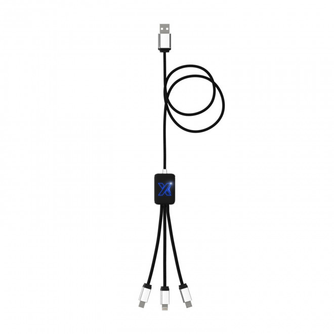 CÂBLE DE CHARGE LONG 3 EN 1 SCX® PERSONNALISÉ AVEC LOGO LUMINEUX 'MERET' - noir/bleu