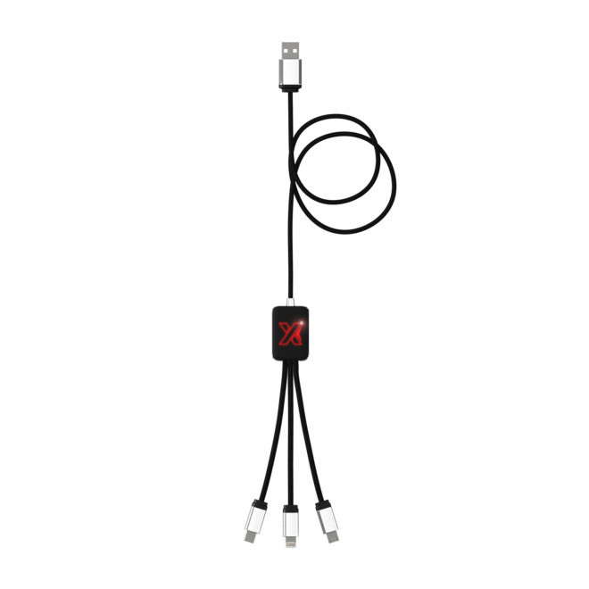 CÂBLE DE CHARGE LONG 3 EN 1 SCX® PERSONNALISÉ AVEC LOGO LUMINEUX 'MERET' - noir/rouge