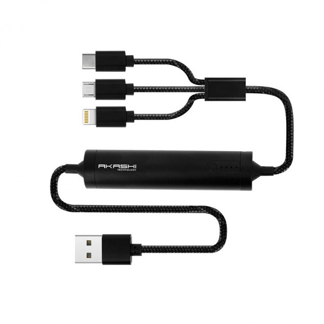 CÂBLE USB PERSONNALISÉ 3 EN 1 AVEC BATTERIE DE SECOURS AKASHI® 'CONNEXIO' - noir