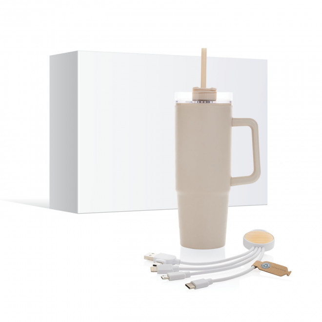 PACK MUG ET CABLE DE CHARGE PERSONNALISE 'BRANKZI' - beige/blanc