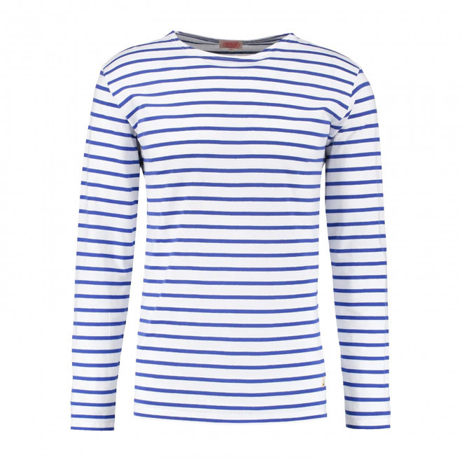 TEE-SHIRT FEMME MARINIERE PERSONNALISE 'PLOZEVET' - blanc/bleu royal