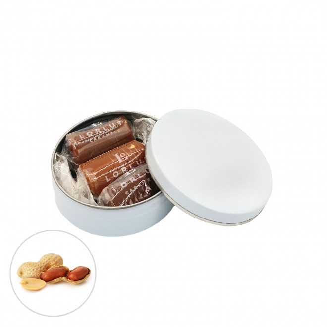 BOITE RONDE PERSONNALISABLE 3 CARAMELS LORLUT® 'GRANI' - éclats de cacahuète - chocolat