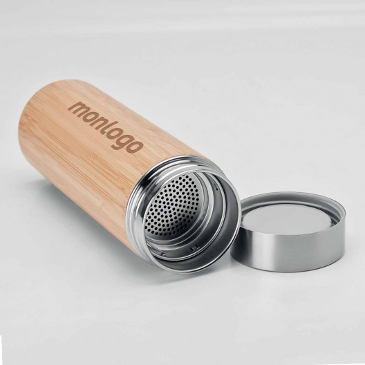 BOUTEILLE ISOTHERME PUBLICITAIRE AVEC INFUSEUR A THE EN BAMBOU 'MALARTIC'