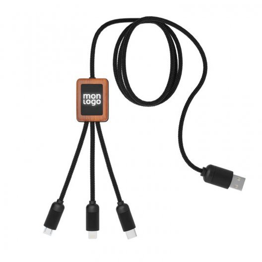 CÂBLE DE CHARGE LONG 3 EN 1 SCX ® PERSONNALISÉ AVEC LOGO LUMINEUX 'KIPA'
