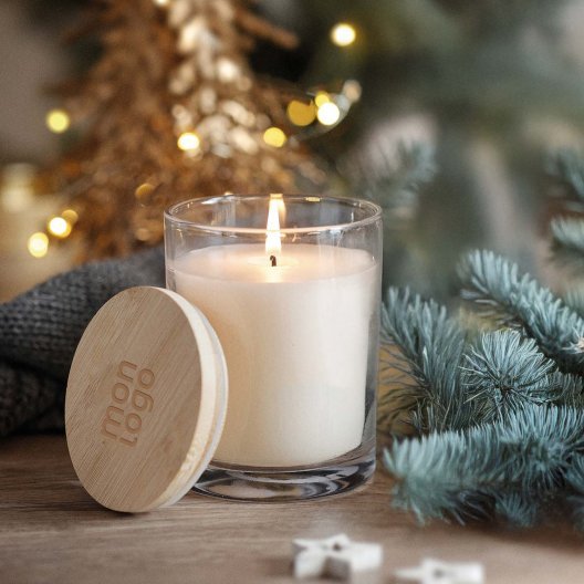 BOUGIE PUBLICITAIRE PARFUMÉE COUVERCLE BAMBOU 'BANILA'