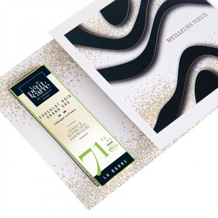 CARTE AVEC BARRE DE CHOCOLAT 10G LE PETIT CARRÉ DE CHOCOLAT® PUBLICITAIRE 'BARCHOCO' - 71% Bio