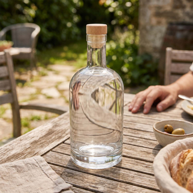 CARAFE PUBLICITAIRE EN VERRE BOUCHON BOIS 750ML 'POUPOI'