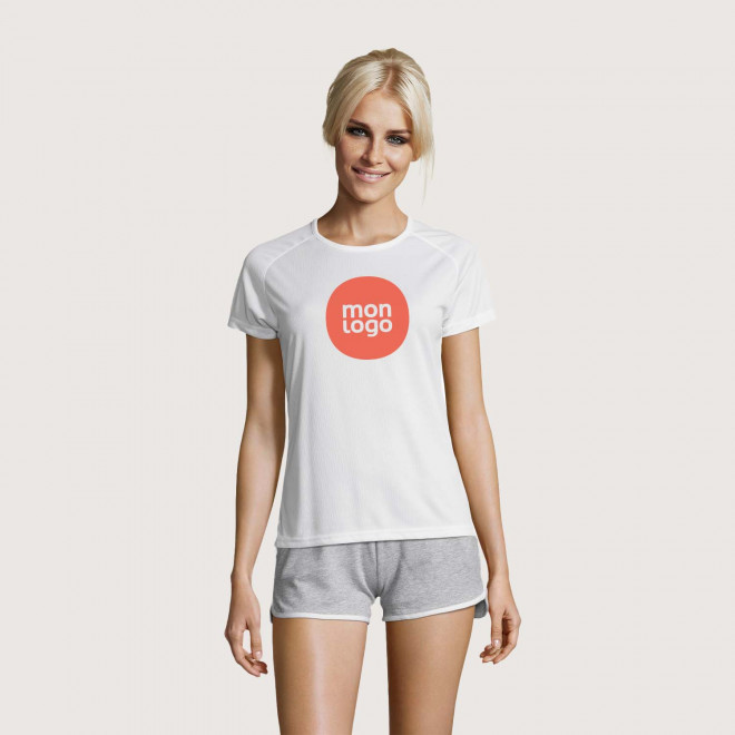 TEE SHIRT PUBLICITAIRE RESPIRANT FEMME BLANC 'SPORTY' 140 GR/M²