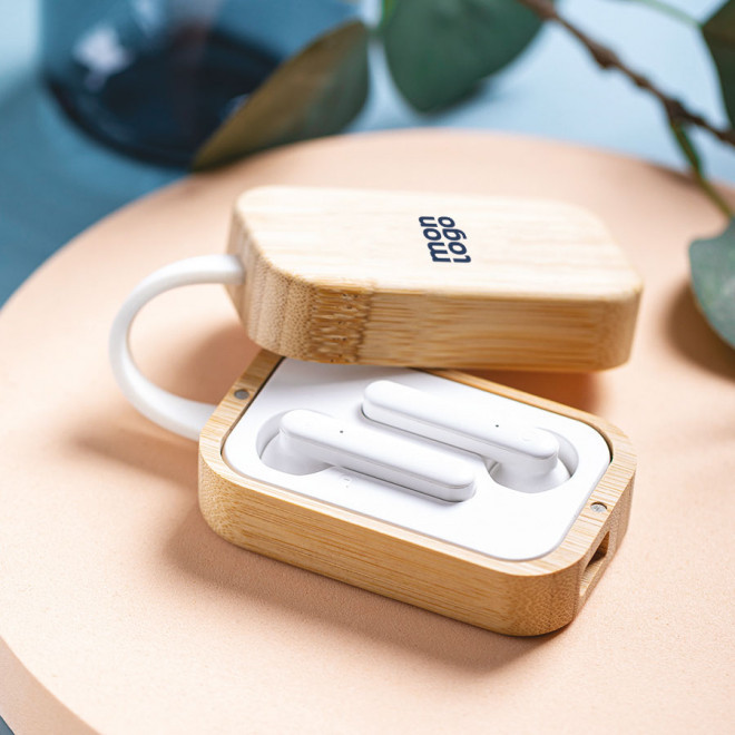 ÉCOUTEURS SANS FIL PUBLICITAIRES EN BAMBOU ET ABS 'TREBAM'