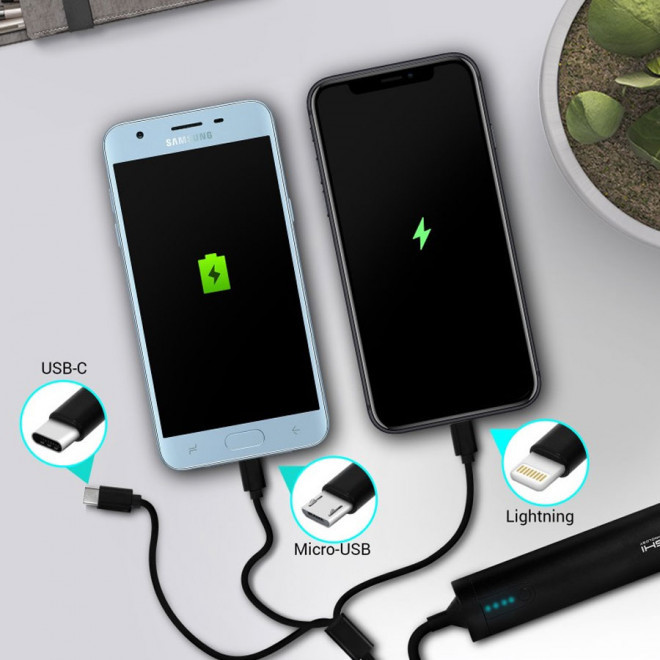 CÂBLE USB PERSONNALISÉ 3 EN 1 AVEC BATTERIE DE SECOURS AKASHI® 'CONNEXIO'