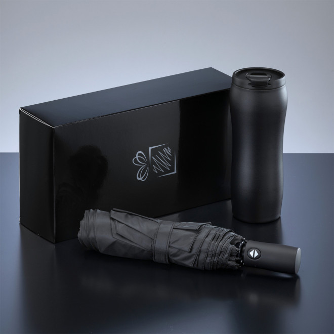 COFFRET PARAPLUIE ET MUG 400ML PERSONNALISABLE 'UMBRI' - noir
