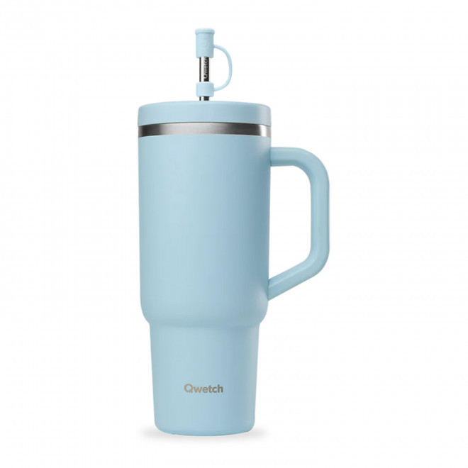 MUG ISOTHERME AVEC POIGNEE 900ML QWETCH® PERSONNALISABLE 'TRAVEL CUP' - bleu pastel