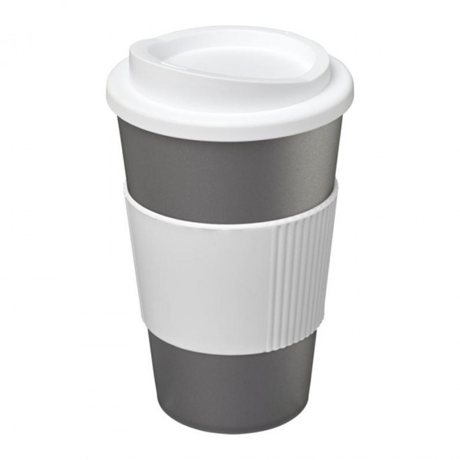 GOBELET PUBLICITAIRE GRIP ISOTHERME AMERICANO® 350 ML 'PULI' - argenté/blanc