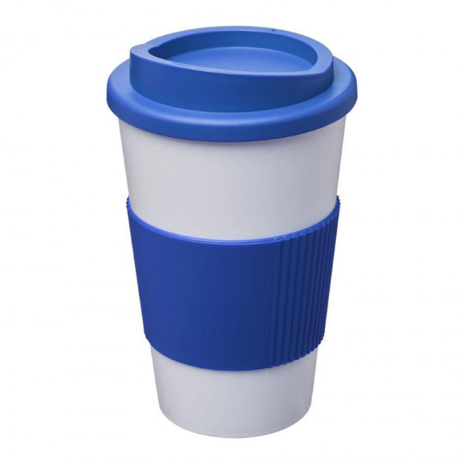GOBELET PUBLICITAIRE GRIP ISOTHERME AMERICANO® 350 ML 'PULI' - blanc/bleu