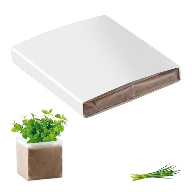 KIT PLANTATION PUBLICITAIRE SACHET PAPIER BLANC 'MUNDA QUADRI'  - ciboulette