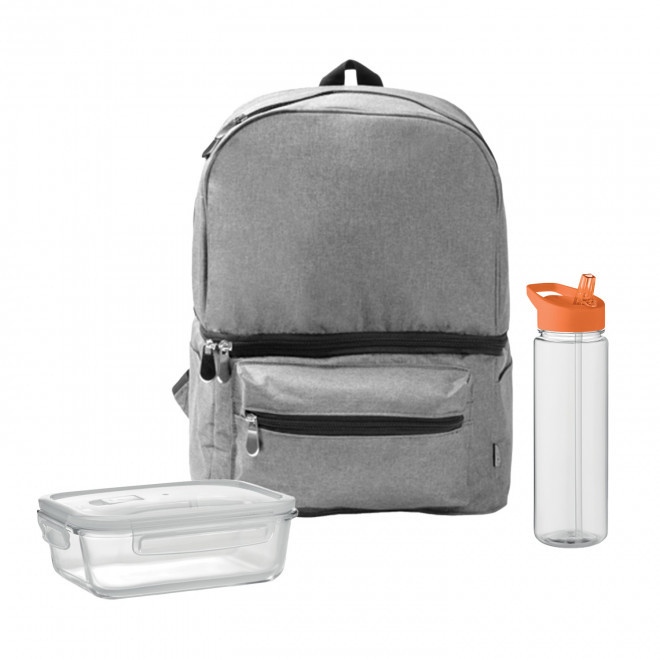 SET LUNCHBOX PUBLICITAIRE SAC ET BOUTEIILE 'LUNCHRY' - gris/orange