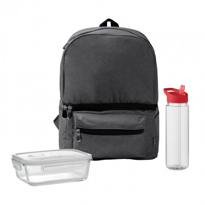 SET LUNCHBOX PUBLICITAIRE SAC ET BOUTEIILE 'LUNCHRY' - noir/rouge