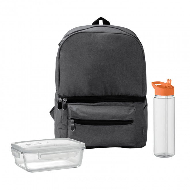 SET LUNCHBOX PUBLICITAIRE SAC ET BOUTEIILE 'LUNCHRY' - noir/orange