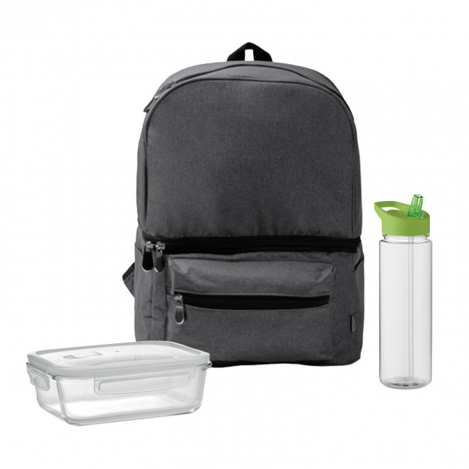 SET LUNCHBOX PUBLICITAIRE SAC ET BOUTEIILE 'LUNCHRY' - noir/vert