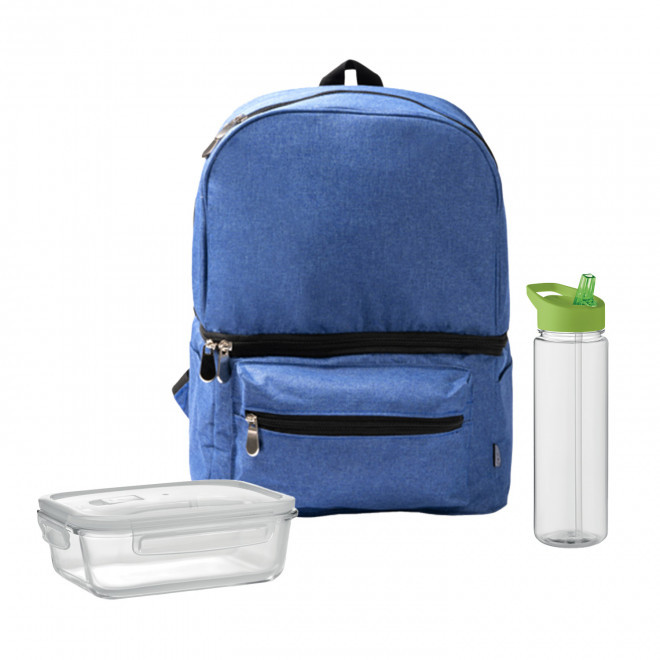 SET LUNCHBOX PUBLICITAIRE SAC ET BOUTEIILE 'LUNCHRY' - bleu/vert