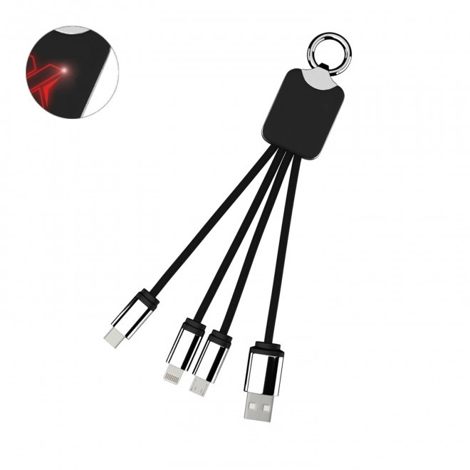 CÂBLE DE CHARGE 3 EN 1 SCX® LOGO LUMINEUX 'ANAT' - noir/rouge