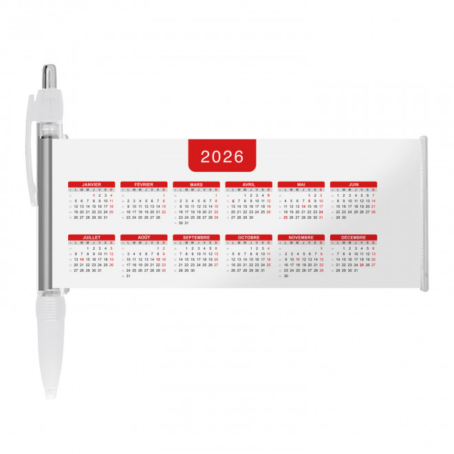 STYLO BANNIERE CALENDRIER PERSONNALISABLE 'SCROLL DATE' - blanc grille_rouge