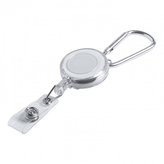 PORTE BADGE DEROULEUR PUBLICITAIRE 'SHAKI MOUSQUETON' - blanc/argenté