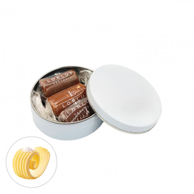 BOITE RONDE PERSONNALISABLE 3 CARAMELS LORLUT® 'GRANI' - beurre salé