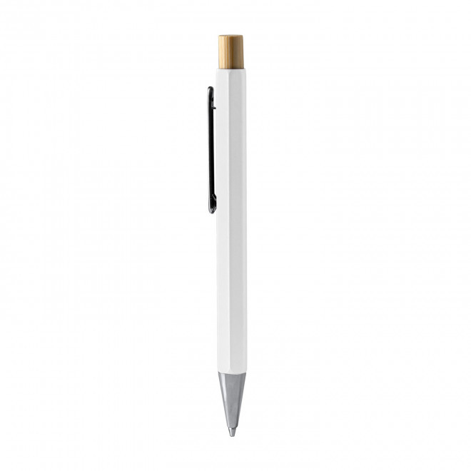 STYLO HEXAGONAL  EN METAL ET BAMBOU PUBLICITAIRE 'CONI' - blanc