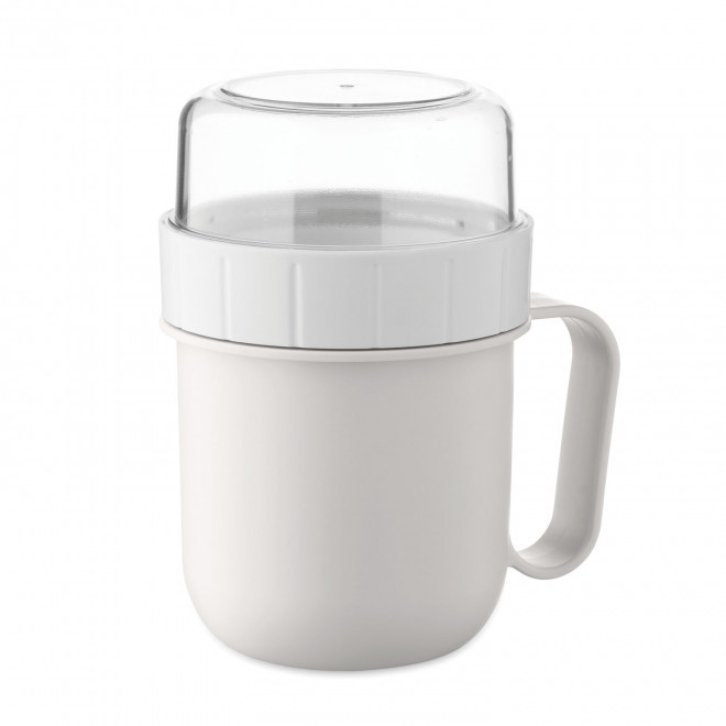 MUG EN PP AVEC COMPARTIMENT 450ML PERSONNALISABLE 'MOUSLI' - blanc